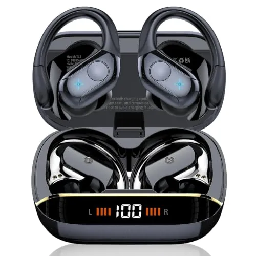 Qecnato Auriculares Bluetooth Deportivos 75H, Inalámbricos Bluetooth 5.4, HiFi Estéreo, HD Micrófono, Pantalla LED, IP7 Impermeable Auriculares Inalámbricos Ganchos para Correr,Negro