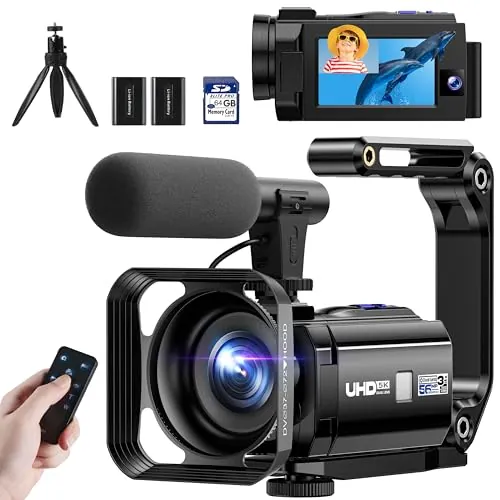 Cámara de vídeo 5K 56MP videocámara Doble Lente WiFi 16X Pantalla táctil de 3.0" cámara Vlog para Youtube grabadora de vídeo con visión Nocturna por Infrarrojos 2 baterías, Tarjeta de 64GB,micrófono