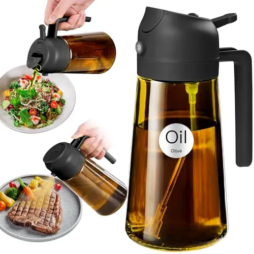 YARRAMATE Dispensador de Aceite de Oliva Juego con Scuro Protezione Dalla Luce, 470ml 2 en 1 Spray de Cocina, Ámbar Pulverizador de Aceite de Calidad Alimentaria para Cocina (Negro)