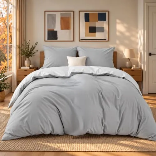Dreamzie - Funda Nórdica 240x220 + 2 Fundas de Almohada 65x65 | Gris claro/Blanco · Reversible · Microfibra Ultra Suave · 3 Piezas · Cierre de Cremallera · OEKO-TEX