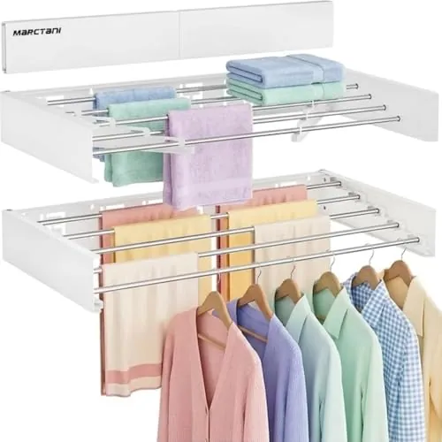 Marctani Tendedero Extensible Pared Ahorra Espacio - Tendederos Plegables ANTIOXIDANTES Interior o Exterior - Tendal Plegable Resistente 24 Pinzas - Tenderete de Ropa (Blanco, 100 CM)