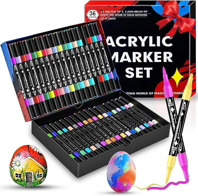36 Rotuladores (36 Colores) Rotuladores Acrilicos, Doble Punta,Rotuladore Permanentes de Colores,Cerámica, Vidrio, Madera, Tela, Lienzo y Metal. a Base de Agua, Secado Rápido