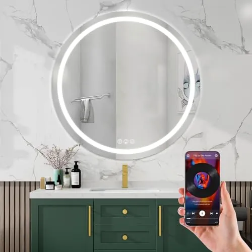 Simusi Redondo LED Espejo Baño con luz 80cm, Bluetooth, 3 Colores, Antivaho | Espejo de pared impermeable IP44, luz regulable, cristal templado, con bluetooth resistente para baños