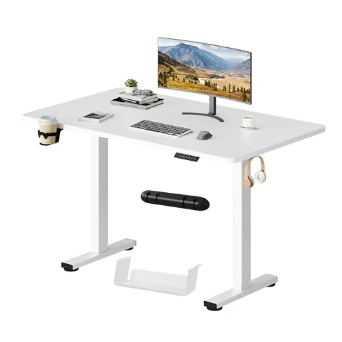 SANODESK Escritorio Elevable Eléctrico 110cm con Tablero Entero,Regulable en Altura con Memoria, Estable y Silencioso,Soporte hasta 100 kg, con Gancho y Portabotella,Oficina y Hogar(Blanco)
