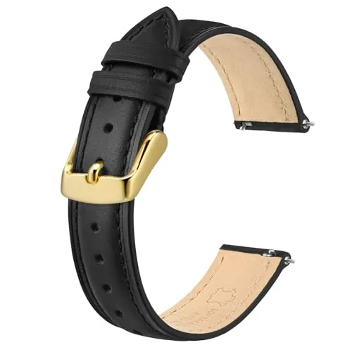 BISONSTRAP Elegantes Correas Reloj de Cuero, Liberación Rápida, Correas para Mujer y Hombre, 18mm, Negro (Hebilla Dorada)