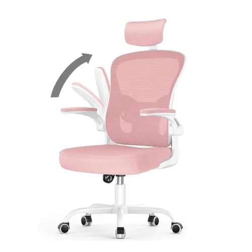 naspaluro Silla de Oficina Ergonómica, Silla de Escritorio con Soporte Lumbar, Reposacabezas Ajustable, Reposabrazos Abatibles, Silla Giratoria con Respaldo Transpirable, Rosa