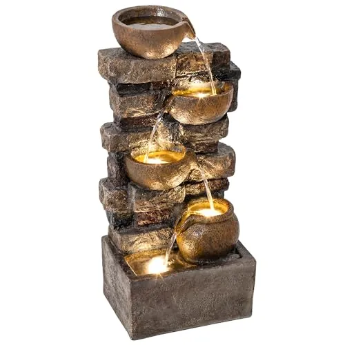 Outsunny Fuente de Agua Decorativa con Iluminación LED y Bomba, Fuente de Jardín Exteror en Cascada de 5 Niveles, Flujo Ajustable, Resistente a la Intemperie, para Jardín, Terraza, Marrón Rústico