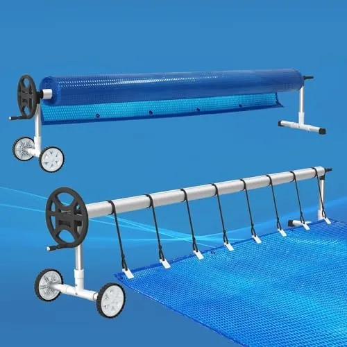 UISEBRT Enrollador de piscina móvil Enrollador de lámina de piscina de 3m - 5,70m para lona de piscina, dispositivo enrollador de lámina de piscina con bandas de sujeción y ruedas, sistema enrollador