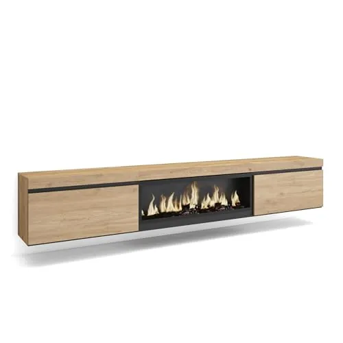 Skraut Home | Mueble TV | Televisión | Muebles de salón, almacenaje | 267x45x35 cm | para TV Gran Formato | Chimenea eléctrica XXL | Colgado, Suspendido | Estilo Moderno | Roble