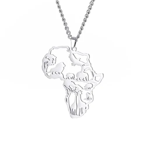EUEAVAN Collar con mapa de África para hombre Animales africanos Colgante tribal africano Collar con contorno del continente africano Joyería étnica para hijo (plata, longitud: 45 cm)