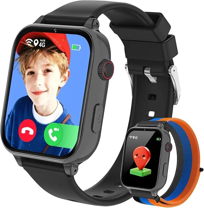 Reloj GPS Niños Localizador y Llamadas, 4G Smartwatch Niños Niña con Telefono Chat Voz Videollamada Modo Clase Cámara Podómetro, Reloj Inteligente para 4 a 12 Años Regalos Comunion Navidad, Negro Azul