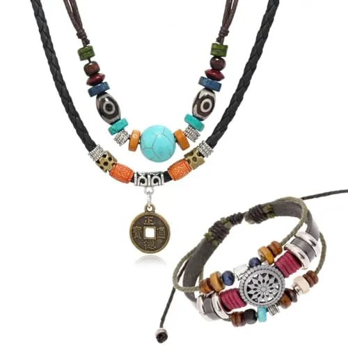 JEYORZY 2 Pcs Juegos De Joyas Bohemia Para Mujeres, Pulseras De Cuero Bohemio Multicapa, Vintage Collar Cuentas De Madera, Collar Tribal Occidental, Pulsera Étnica, Bisuteria Collares Mujer Verano