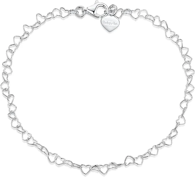 Amberta® Joyería - Brazalete de Tobillo - 925 Fina Plata de ley - 3 mm Pulsera de Corazón - Hasta 24 cm - Ajuste Flexible