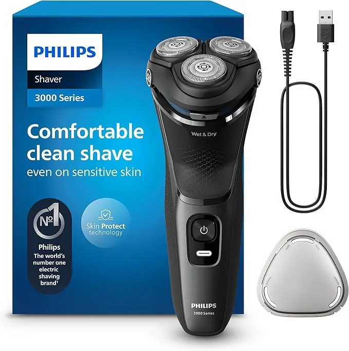 Philips Serie 3000 Afeitadora Eléctrica Hombre, Máquina de Afeitar Barba con Cortapatillas, 27 cuchillas, Cuida la piel, 60min de uso, En Seco y Húmedo, Recargable, S3145/00, Luna