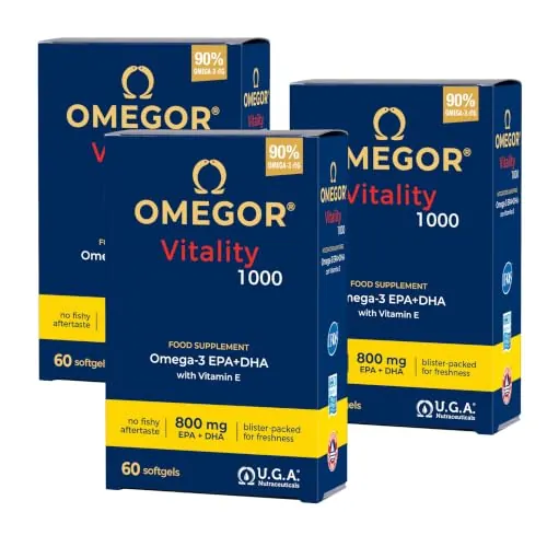 Omega 3 IFOS Certificado OMEGOR Vitality 1000 - Alta Concentración de EPA 535mg y DHA 268mg - Aceite de Pescado Omega-3 rTG de Alta Biodisponibilidad - 60 Cápsulas (Paquete de 3)