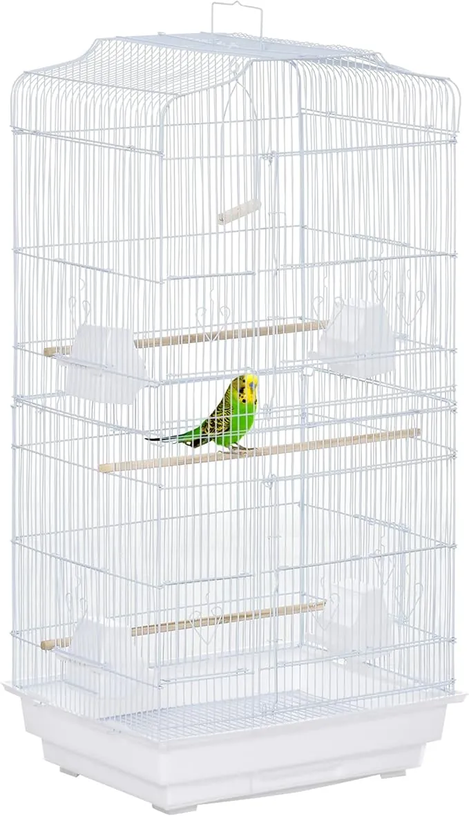 PawHut Jaula para Pájaros, Jaula de Metal para Pájaros con Puertas, 4 Comederos, 3 Perchas, Columpio, Bandeja Extraíble y Asa de Transporte, para Loro, Canario, Periquito, 46,5x35,5x92 cm, Blanco