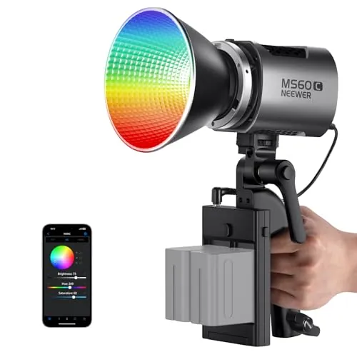 NEEWER MS60C 65W RGBWW Luz Video LED 2,4G/App Control Mini Compact Handheld RGB Iluminacion Video Continua COB Foco Lampara Bowens Mount 2700K-6500K/8300lux@1m/CRI 97+/TLCI 98+/17 Efectos + RGBCW