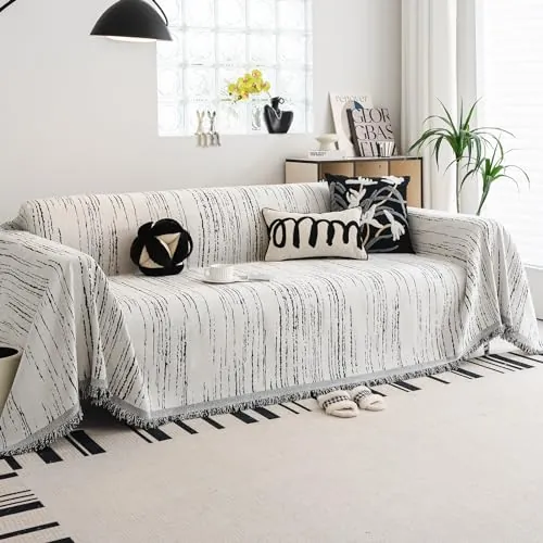WEYOND Funda de Sofá de 2/3/4 Plazas, Cubre Sofá, 180 x 380 cm, Blanco | Sofa Cover Antideslizante y Antimanchas, Protector de Sofá para Gatos y Perros, Manta Multiusos para Sofás Con flecos