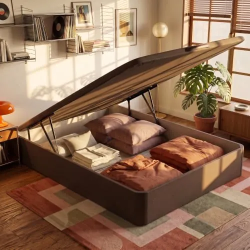 What The Sleep | Canapé Abatible de Madera Gran Capacidad | 150x190 | Montaje y Retirada Usado Incluido | Wengué | 32 cm | Apto Todos Colchones | Esquinas Delanteras Redondeadas | Storage Bed