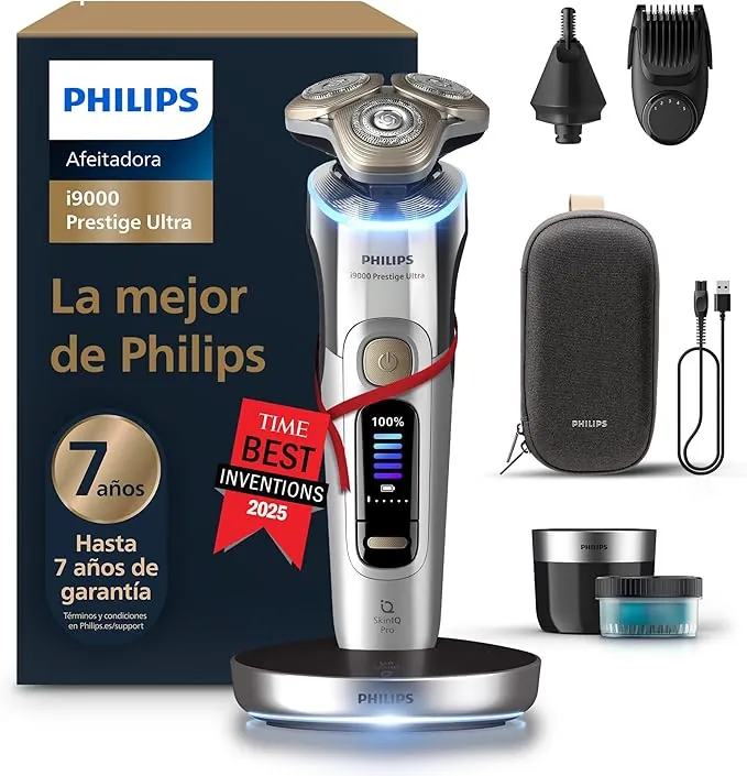 Philips i9000 Prestige Ultra, Afeitadora Eléctrica Hombre, Máquina de Afeitar Barba Seco y Húmedo, SkinIQ Pro, Base de Carga, Recargable, Estuche, Centro de limpieza, Recortador, Naricero, XP9404/38