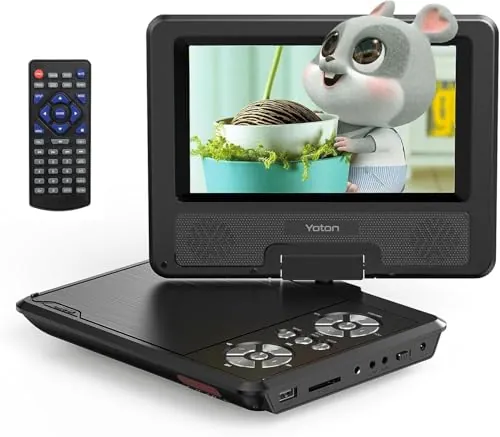 Reproductor DVD portátil Yoton de 9.5", con pantalla giratoria HD de 7.5" para niños, altavoces estéreo, batería interna con autonomía de hasta 6 horas, compatible con sincronización TV/USB/tarjeta SD