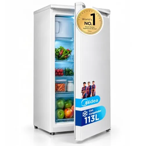 Midea Nevera pequeña 113L con Congelador - Mini frigorífico pequeño para la Habitación/Caravana/Camping - Mini Bar Bajo Consumo - Frigorifico Bajo Encimera Silencioso 39dB + Congelador -16º/-24º