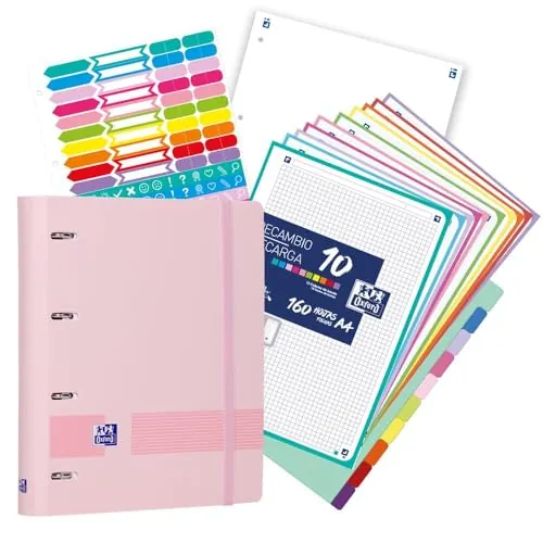 Oxford, Europeanbinder Polyfoam, Archivador de 4 anillas A4+, Live&Go, Incluye Recambio Cuadrícula 5X5, 160 hojas, Pizarra Write&Erase, Separadores y Pegatinas, Color Rosa