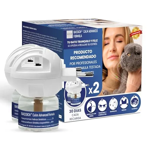 BASSICH Pack 2+2 Feromonas para Gatos con Difusor – Calmante para Gatos Que Les Ayuda a Reducir Estrés, Ansiedad y Marcaje – Contribuye a un Ambiente Relajado en tu hogar - Cabezal Compatible