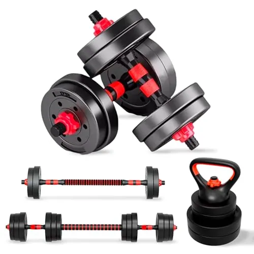 JUPPLIES Juego de Mancuernas Ajustables 4 en 1 + Kettlebell - 10kg 20kg 35kg - Kit de Pesas con Barra Recta Ajustable y Antideslizante - Pesas y Mancuernas Discos Recubiertos - Set de 10 kg