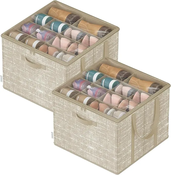 SONGMICS Organizador de Zapatos, Juego de 2, Cada uno para hasta 16 Pares, Caja para Guardar Zapatos, Asas, Tapa Transparente, para Armario Entrada Dormitorio, Beige Capuchino LSP602LF01