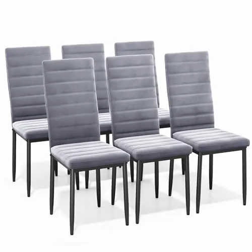 Bealife Sillas de Comedor Modernas (Juego de 6), Tapizadas en Franela Suave, Respaldo Alto Ergonómico para Salón y Cocina, Gris Claro
