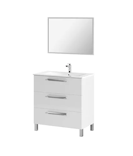 ARKITMOBEL Mueble de Baño Athena con 3 Cajones y Espejo, Módulo de Lavabo con Patas, Color Blanco Brillo, Medidas: 80x86x45 cm (Lavabo No Incluido)
