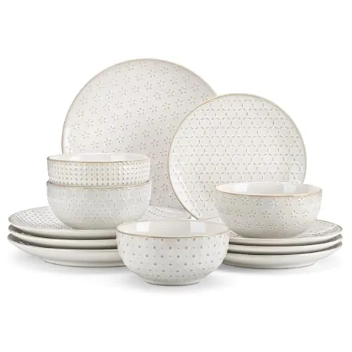MALACASA Juego de Vajilla para 4 Personas, Vajillas Completas Modernas 12 Piezas, Set de Vajilla Gres para Lavavajillas y Microondas - Serie LYDIA
