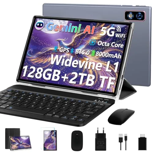 2026 Último Tablet 10 Pulgadas Android Gemini AI, 22GB+128GB/TF 1TB, Batería 8000mAh, 5+8MP, Octa-Core 2.0GHz, 5G WiFi, Bluetooth5.0, Widevine L1, GPS, GMS, Tablet con Funda, Teclado y Ratón - Gris