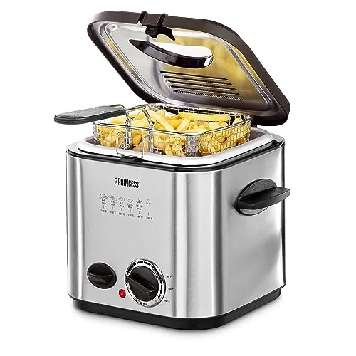 Princess 182611 Fondue y Minifreidora con tapa con filtro de Olores y ventana de visualizacion, Volumen de 1,2 L, carcasa de acero inoxidable, 840 W, apta para todo tipo de fondue, con 6 tenedores