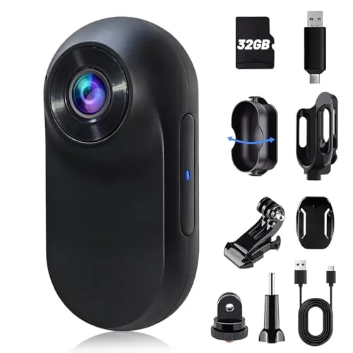 HOFAOUG Mini Cámara Deportiva Portátil, Tamaño Pulgar Action CAM, Memoria Interna 32GB, Body CAM y POV Camera Multifuncional, para Viajes, Ciclismo y Aventuras al Aire Libre Action Camera(Negro Mate)