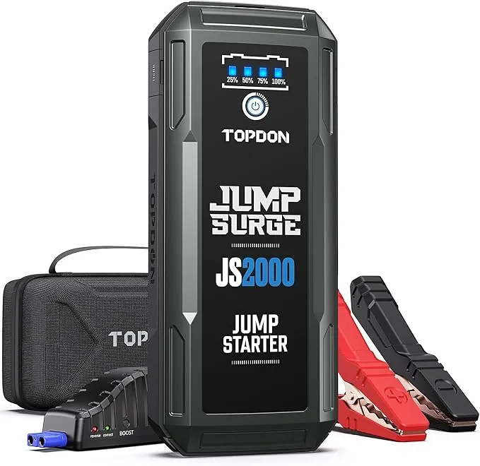 TOPDON JS2000Pro Arrancador de Baterias de Coche, 2500A Arrancador de Coches Portatil para Motores Diesel de hasta 8L de gas/6L, Jump Starter Booster Baterias con Cable de Arranque, Estuche EVA