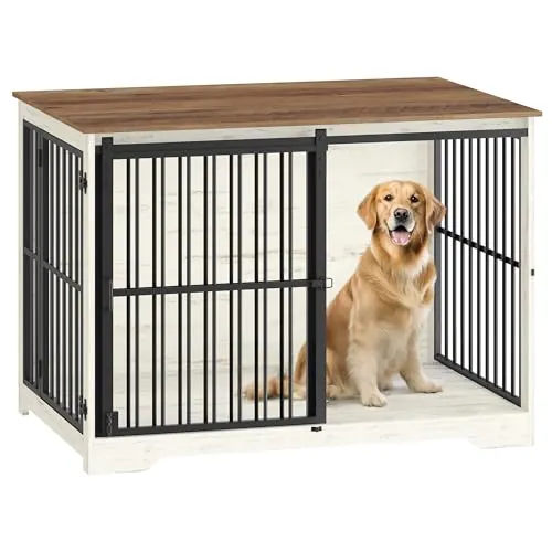 Hzuaneri 110cm Jaula para Perros, Mesa Auxiliar, casa Moderna para Perros, Jaula para Cachorros, dúplex para Animales, 2 Puertas, 65 × 110 × 81 cm, Blanco Marrón DFC84414B