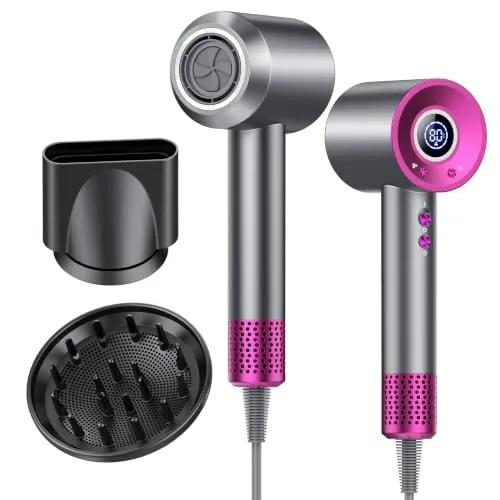 Secador Pelo Profesional Iónico con Difusor y Boquilla, Pantalla Digital | Secador de Pelo Portátil 180.000 RPM, 500M iones, Secado Rápido, 4 Temperaturas y 3 Velocidades, Control Inteligente de Calor