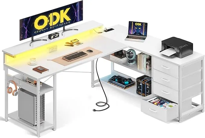 ODK Escritorio con Cajones, 155×110cm Escritorio Esquinero Reversible con 2 Enchufes y 2 Puertos USB, Mesa de Oficina en Forma de L con LED para Oficina en Casa, Blanco Puro