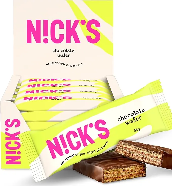 NICKS Chocolate wafer Barritas Oblea de Chocolate Barquillo de Choco Low Carb Galletas 165 Calorías Sin Azúcar Añadido Caramelo Dulce Chocolatinas Sin Gluten (24x35g)