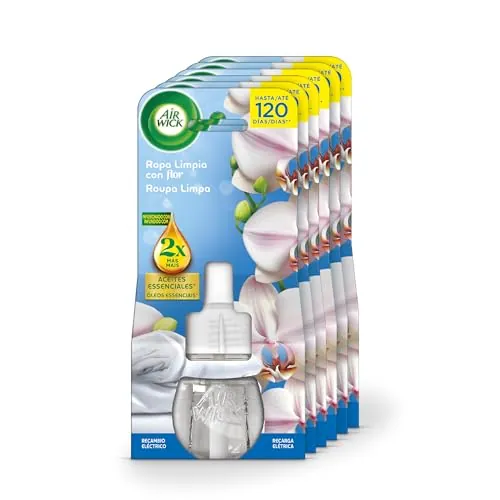 Air Wick Eléctrico - Recambios de Ambientador Automático Eléctrico, Esencia Para Casa Con Aroma a Flor Ropa Limpia, Morado, 1 Unidad (Paquete de 6)