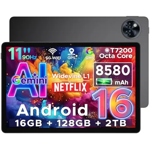 U11 Tablet 11 Pulgadas, Tablet Batería 8580mAh, Octa-Core Unisoc T7200, 16GB RAM+128GB ROM/2TB TF, HD 90Hz Tableta Android 16, Widevine L1/Gemini AI/13MP+5MP/WiFi 5G/Face ID/GPS/OTG/Audio 3.5mm Jack