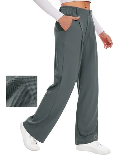 Desol Pantalones de trabajo de pierna ancha para mujer, pantalones de vestir de punto gofre, elásticos, de cintura alta, pantalones palazzo casuales para mujer, Gris oscuro, Large