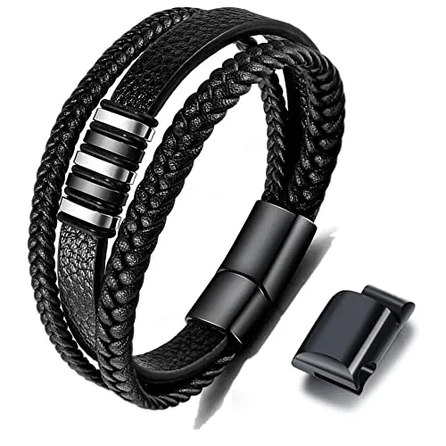 Gkmamrg Pulsera Hombre de piel para negro - Brazalete Hombre correa de cuero auténtico trenzado, pulsera enrollable ancha con cierre magnético, 22.5centimeters, Cuero