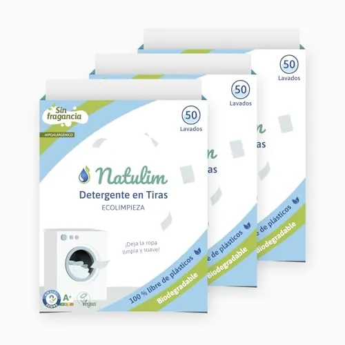 Natulim - Detergente en Tiras para Lavadora (150 Lavados) - Incluye efecto Suavizante, Ecológico, Hipoalergénico, Made in Spain - Ropa limpia y suave sin ensuciar el Planeta (Sin Fragancia) - 3 Pack