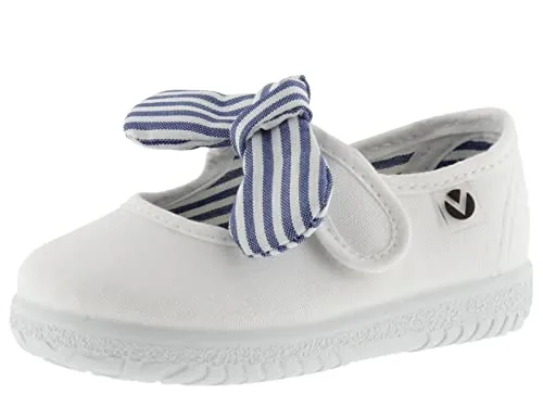 victoria Merceditas Unisex Ojalá Lona & Tira Adherente & Lazo Rayas 105110 para Niños Blanco 28