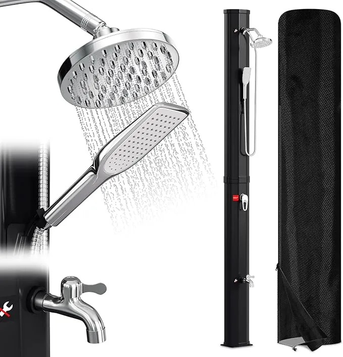 Ducha Solar de jardín de 40 l, Agua Caliente hasta 60 °C, sin conexión eléctrica, Ducha de Piscina, Camping con Ducha de pies y Cabezal de Ducha de Lluvia Giratorio, Incluye Material de