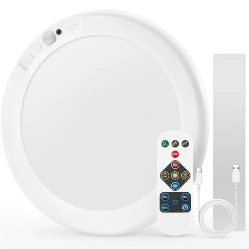Combuh Luz sin Electricidad Lampara Baño LED Techo Bateria sin Cable Plafon a Pilas, Autonomía 85 Días 6000mAh Plafón Recargable con Mando Interior para Garaje Trastero Pasillos Redondo 1 Unidad