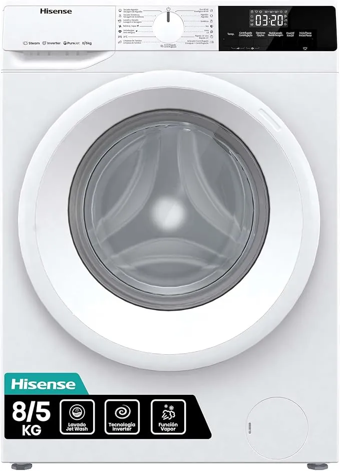 Hisense WDQE8014EVJM Lavadora Secadora 8+5 Kg, 1400 rpm, 15 Programas Automáticos, Vapor, Motor Inverter, Clase Eficiencia Energética D, Clase Eficiencia Lavado A, Pantalla LED, Programa Rápido